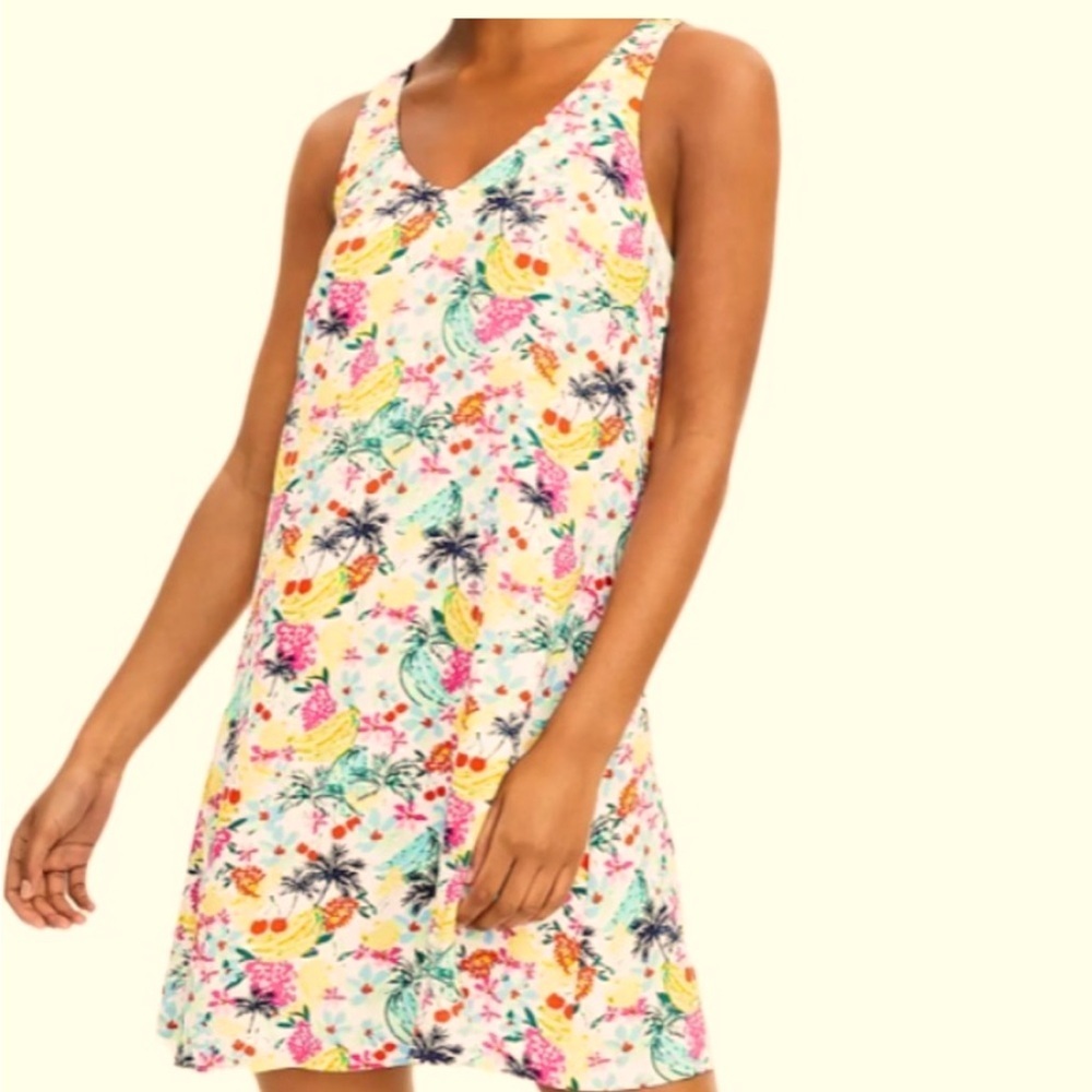 Midi Vibrant whimsical Tropical Fruit Pattern Razorback sundress LOFT Women M
